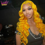 Bright Lemon Yellow 30 Inches Body Wave Transparent Lace Front Wig Pre Plucked Remy Hair 13X4 13X6 Frontal Wig For Women