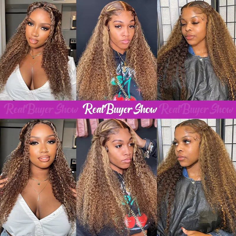 30 34 Inch Highlight Ombre Lace Front Wig Curly Human Hair Wigs Honey Blonde Colored HD Deep Wave Frontal Wigs For Black Women