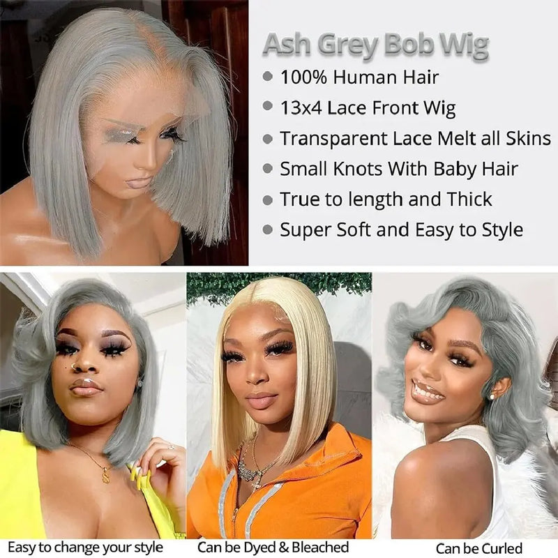 Silvery Gray Bob Wig 13x4 Lace Front Human Hair Wigs For Women Transparent Lace Frontal Wig Brazilian Bob Hair Wigs Preplucked