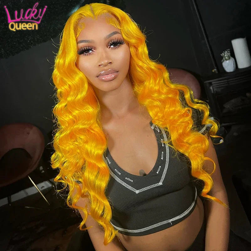 Bright Lemon Yellow 30 Inches Body Wave Transparent Lace Front Wig Pre Plucked Remy Hair 13X4 13X6 Frontal Wig For Women