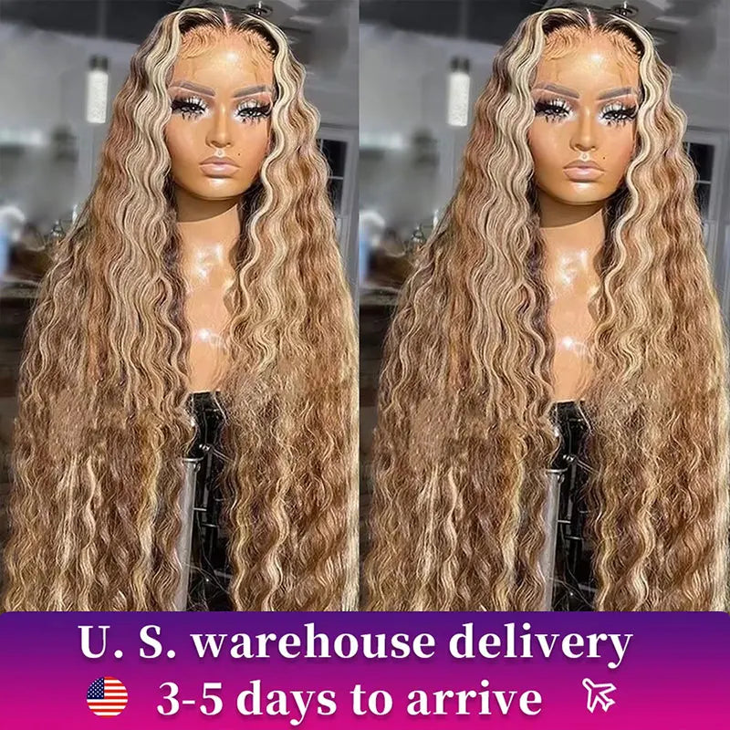 30 34 Inch Highlight Ombre Lace Front Wig Curly Human Hair Wigs Honey Blonde Colored HD Deep Wave Frontal Wigs For Black Women