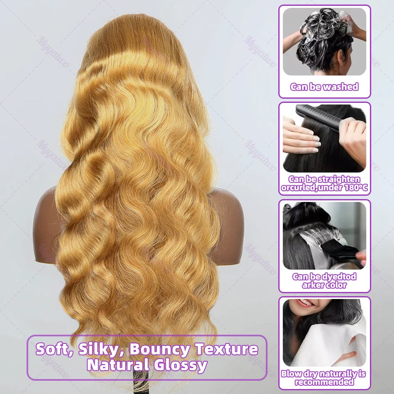 Brazilian #27 Honey Blond 30 34 Inch Body Wave 13x4 Lace Front Human Hair 13x6 HD Transparent Lace Frontal Wigs 200% For Women