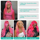 Pink Lace Front Human Hair Wigs Hd Straight 13x6 Lace Frontal Wig Pink Colored Human Hair Pre Plucked with Baby Hair 180 Density