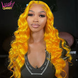 Bright Lemon Yellow 30 Inches Body Wave Transparent Lace Front Wig Pre Plucked Remy Hair 13X4 13X6 Frontal Wig For Women