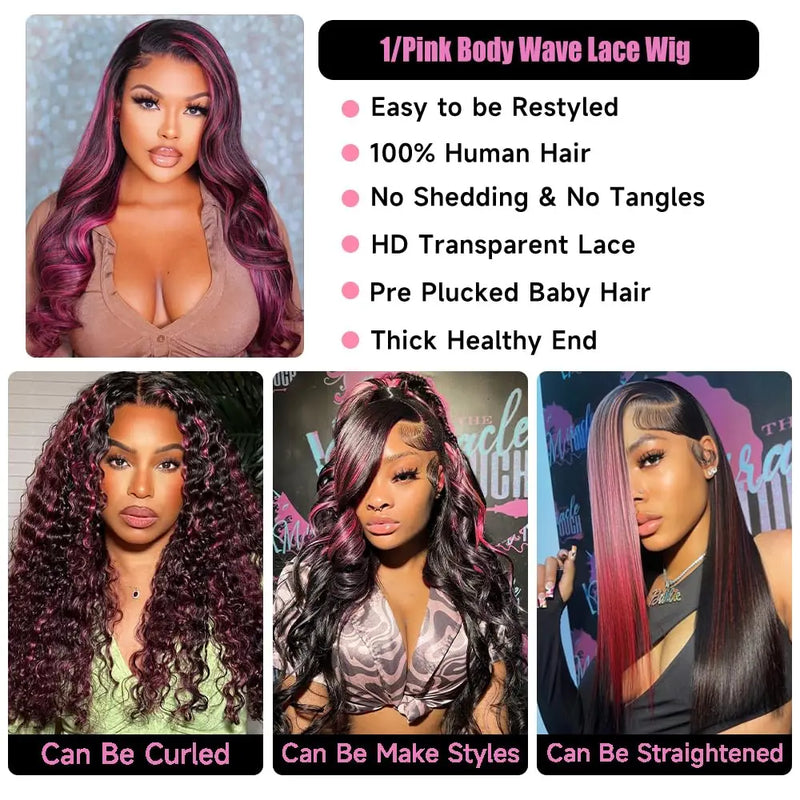 Ombre Highlight 1B With Pink Hair Wig Body Wave Wigs Transparent 13X4 Lace Frontal Wig Brazilian 100% Human Hair Pre Plucked