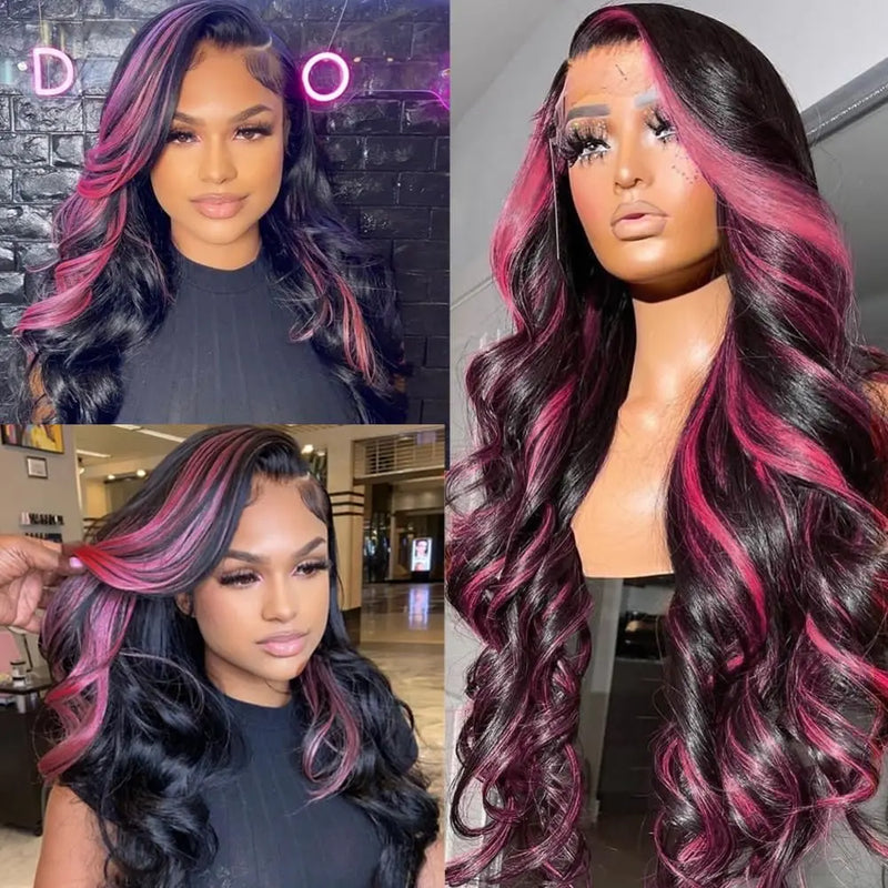 Ombre Highlight 1B With Pink Hair Wig Body Wave Wigs Transparent 13X4 Lace Frontal Wig Brazilian 100% Human Hair Pre Plucked