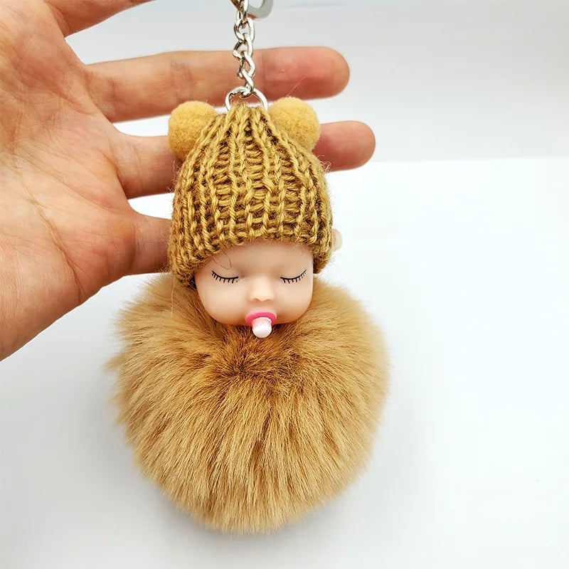 Cute Sleeping Baby Fluffy Pompom Plush Doll Hanging Pendant Key Ring Keychain Pendant Key Ring Keychain Pendant Key Ring Keychai