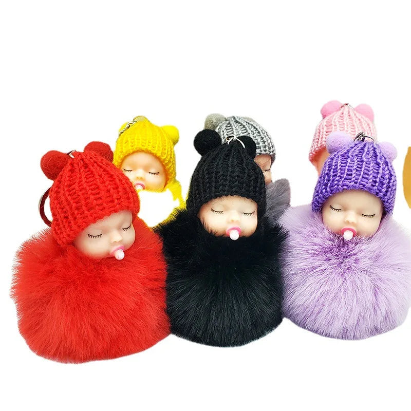 Cute Sleeping Baby Fluffy Pompom Plush Doll Hanging Pendant Key Ring Keychain Pendant Key Ring Keychain Pendant Key Ring Keychai