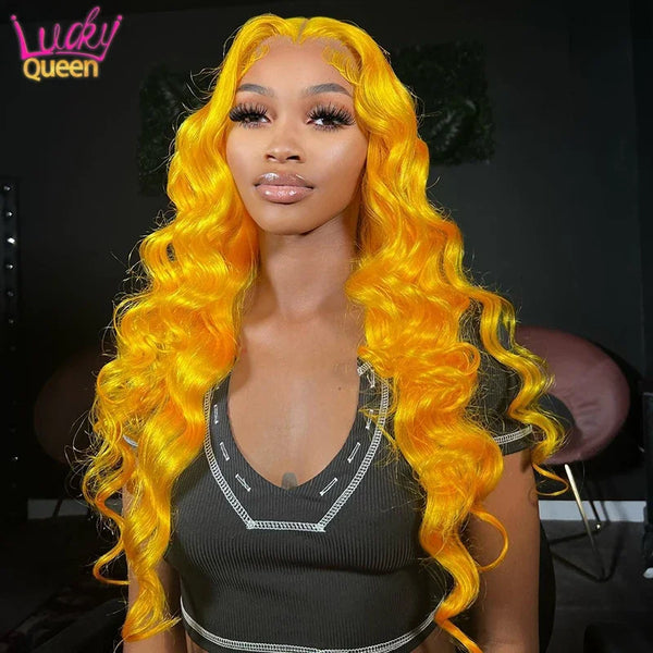 Bright Lemon Yellow 30 Inches Body Wave Transparent Lace Front Wig Pre Plucked Remy Hair 13X4 13X6 Frontal Wig For Women