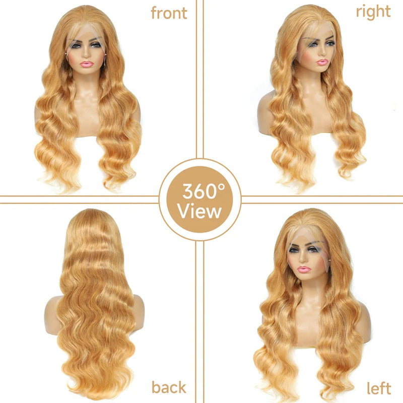 Transparent Honey Blonde Lace Front Wigs 27# Colored Straight Lace Front Human Hair Wigs 32 Inch Body Wave Human Hair Wigs