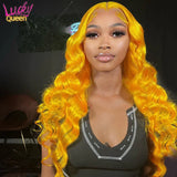 Bright Lemon Yellow 30 Inches Body Wave Transparent Lace Front Wig Pre Plucked Remy Hair 13X4 13X6 Frontal Wig For Women