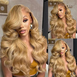 Transparent Honey Blonde Lace Front Wigs 27# Colored Straight Lace Front Human Hair Wigs 32 Inch Body Wave Human Hair Wigs